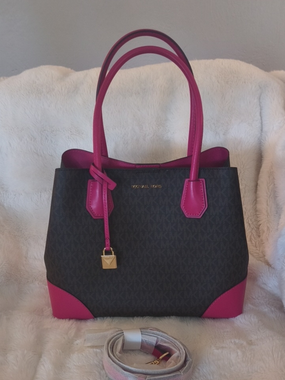 Michael Kors Brown Logo Shoulder Bag/Satchel with Magenta Accents
